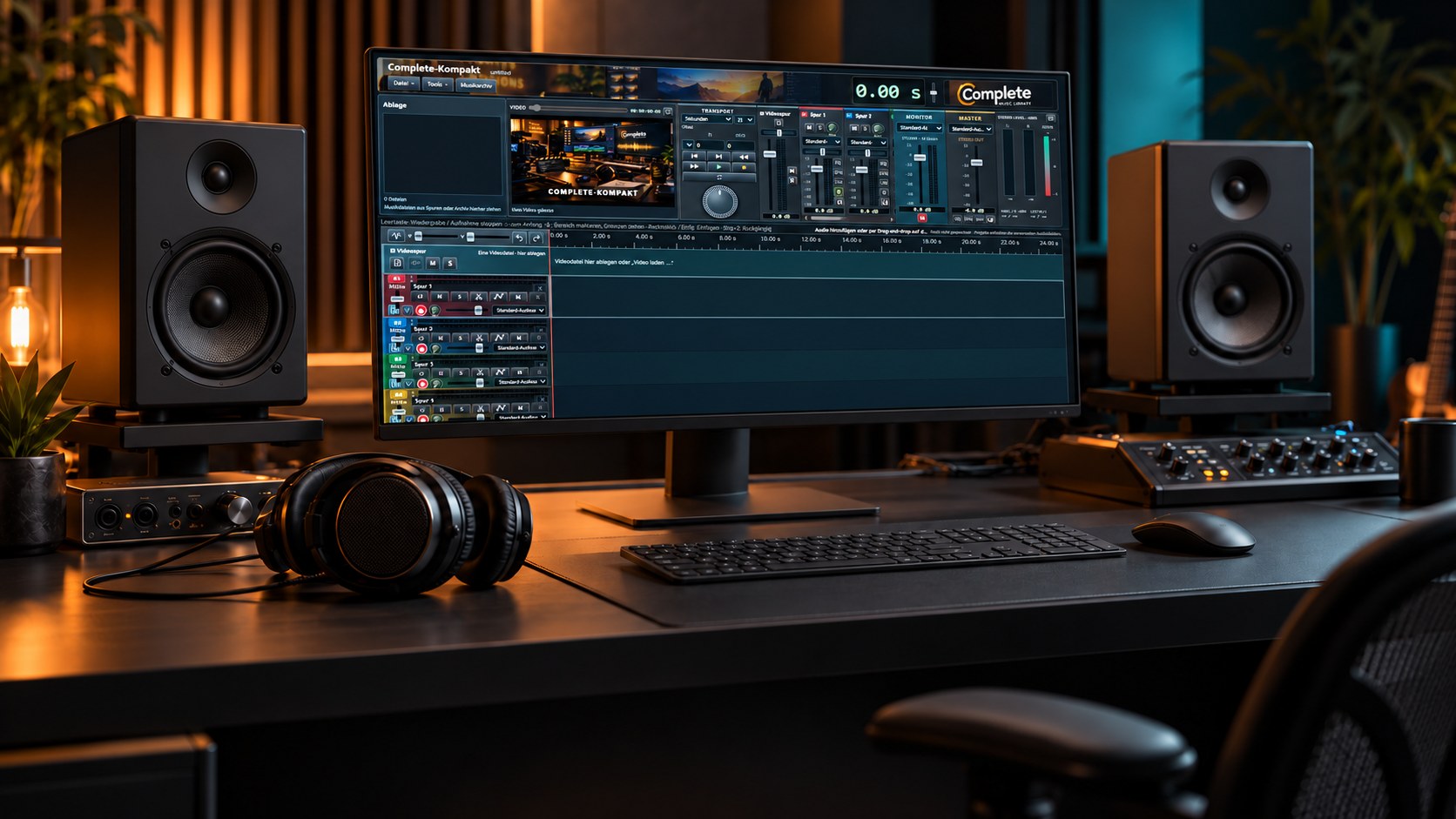 Complete-Audio auf einem Studiomonitor mit Lautsprechern und Kopfhörern