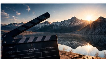 Filmklappe vor Berglandschaft – Musik für Filmvertonung
