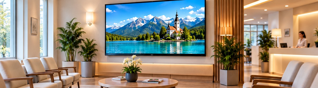 Modern waiting room with a nature film on a large screen